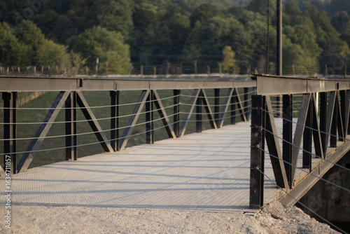 Принти на полотні A sturdy black metal bridge with diagonal supports spans over calm water, leading toward a backdrop of green forest