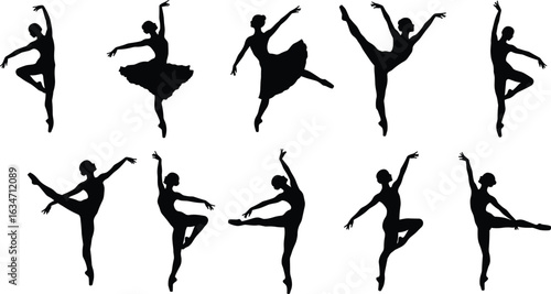 Ballet dancer silhouette collection, elegant ballerina vector poses, classical dance movement set, graceful female art shape, cad drawing flat vector illustration
