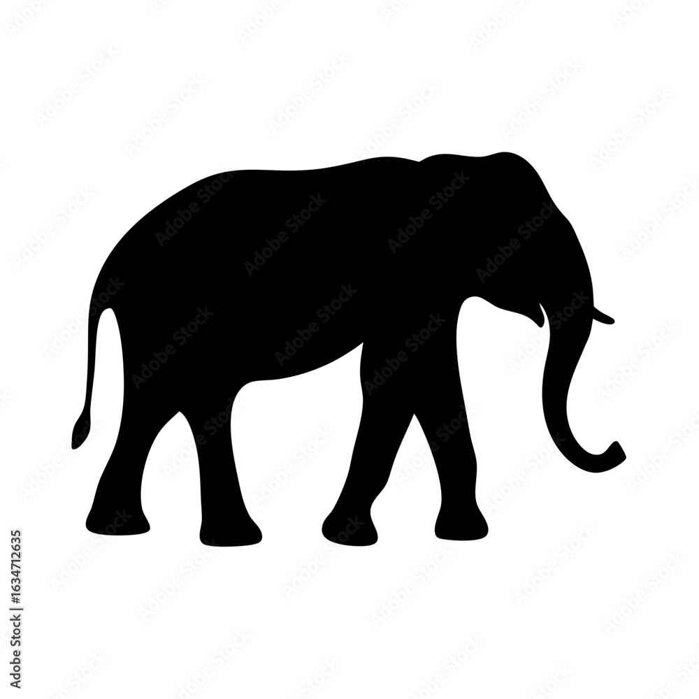 Obraz premium Elephant silhouette icon for wildlife or nature themes, Black silhouette of a walking elephant with trunk extended, commonly used in wildlife, safari, zoo, or conservation-related designs and content.