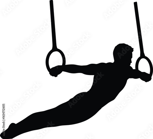 Cad drawing flat vector illustration, gymnast on rings silhouette, strength pose, body control, black vector figure, fitness sports art, gymnastic performance design