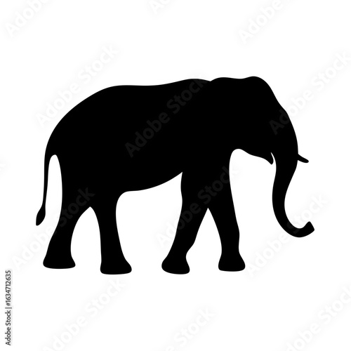 Elephant silhouette icon for wildlife or nature themes, Black silhouette of a walking elephant with trunk extended, commonly used in wildlife, safari, zoo, or conservation-related designs and content.