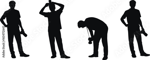 Silhouette with camera, person taking photo, DSLR photographer, standing camera pose, bent photo pose, camera clipart vector