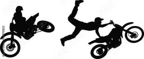 Motorbike stunt silhouette, freestyle motocross trick, rider airborne, extreme dirt biking clipart, black motorcycle jump vector, flying biker
