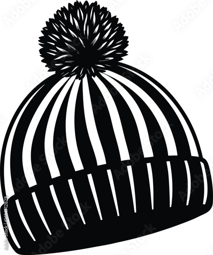 Vector art of a black and white striped winter beanie hat with a fluffy pompom is perfect for cold weather