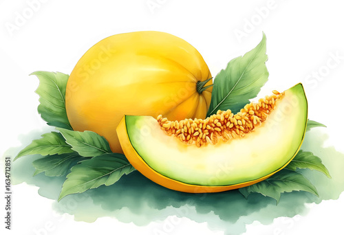 Freshly sliced melon on leafy greens with bright yellow fruit displayed