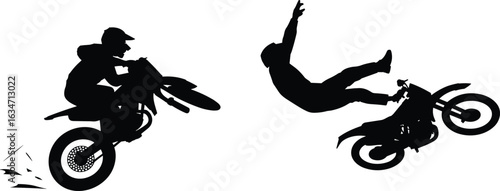Motorcycle stunt silhouette, motocross crash clipart, rider flying off bike, dirt bike accident, extreme sports graphic, black outline