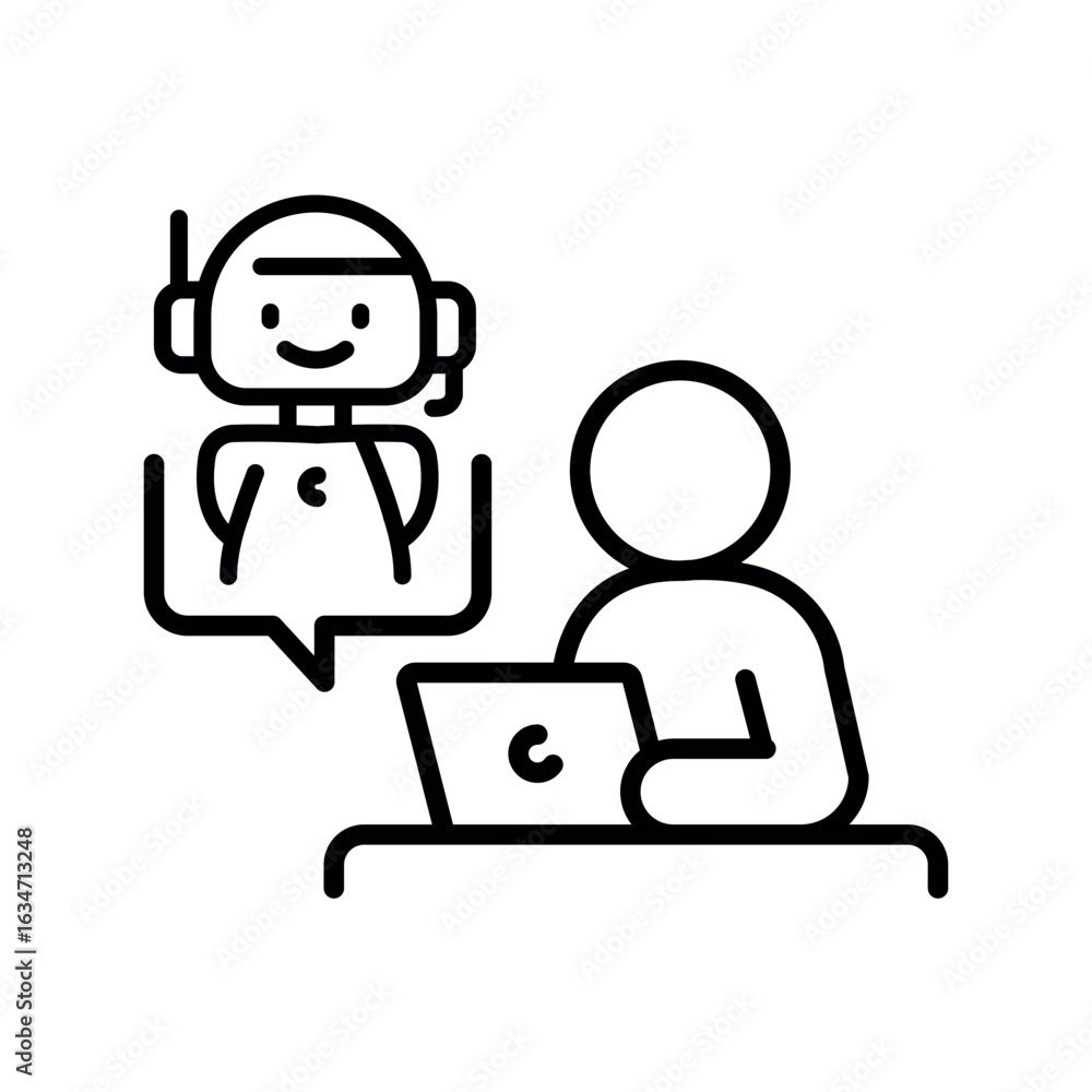 child with Chatbot tutor black line icon. child with Chatbot tutor black line icon.