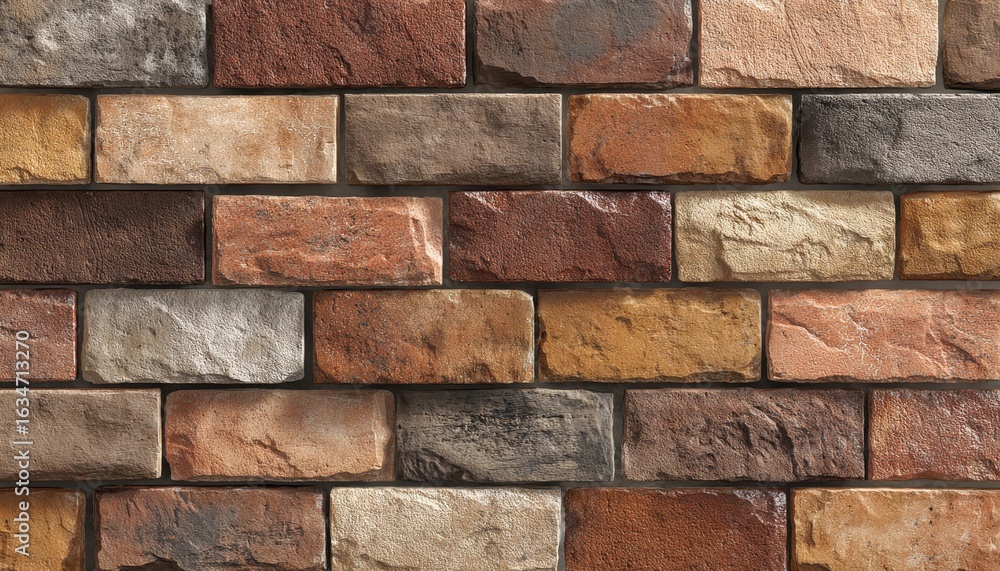 Fototapeta premium A textured brick wall background featuring a rustic pattern of multicolored bricks in various earthy tones