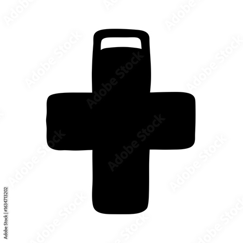 Stylized and simplified black medical cross symbol with handle on white background