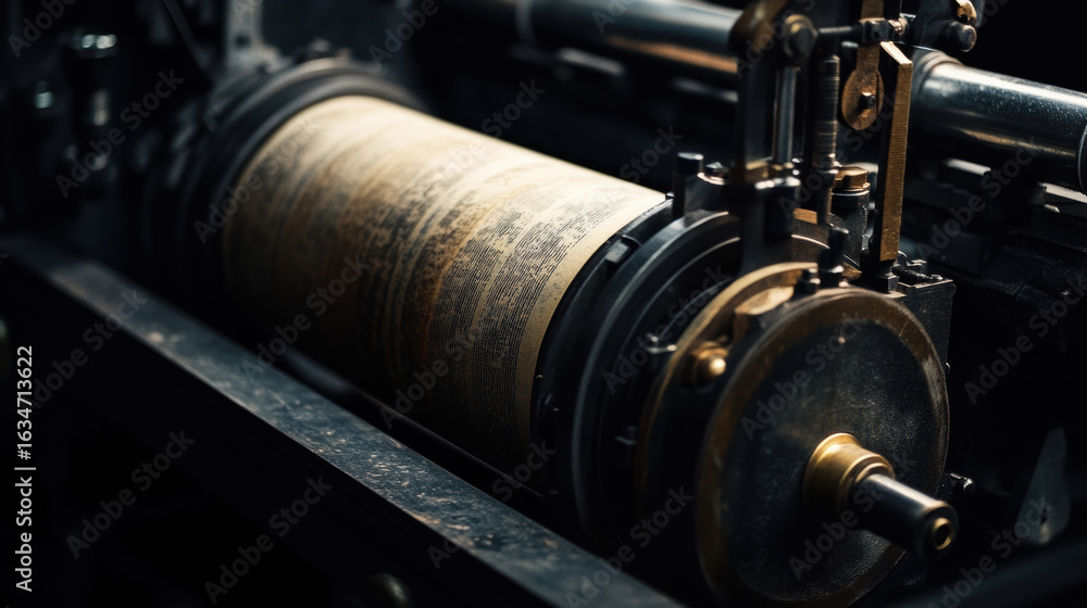 Fototapeta premium a cinematic shot of a printing press stylized, on black background. 3d illustration