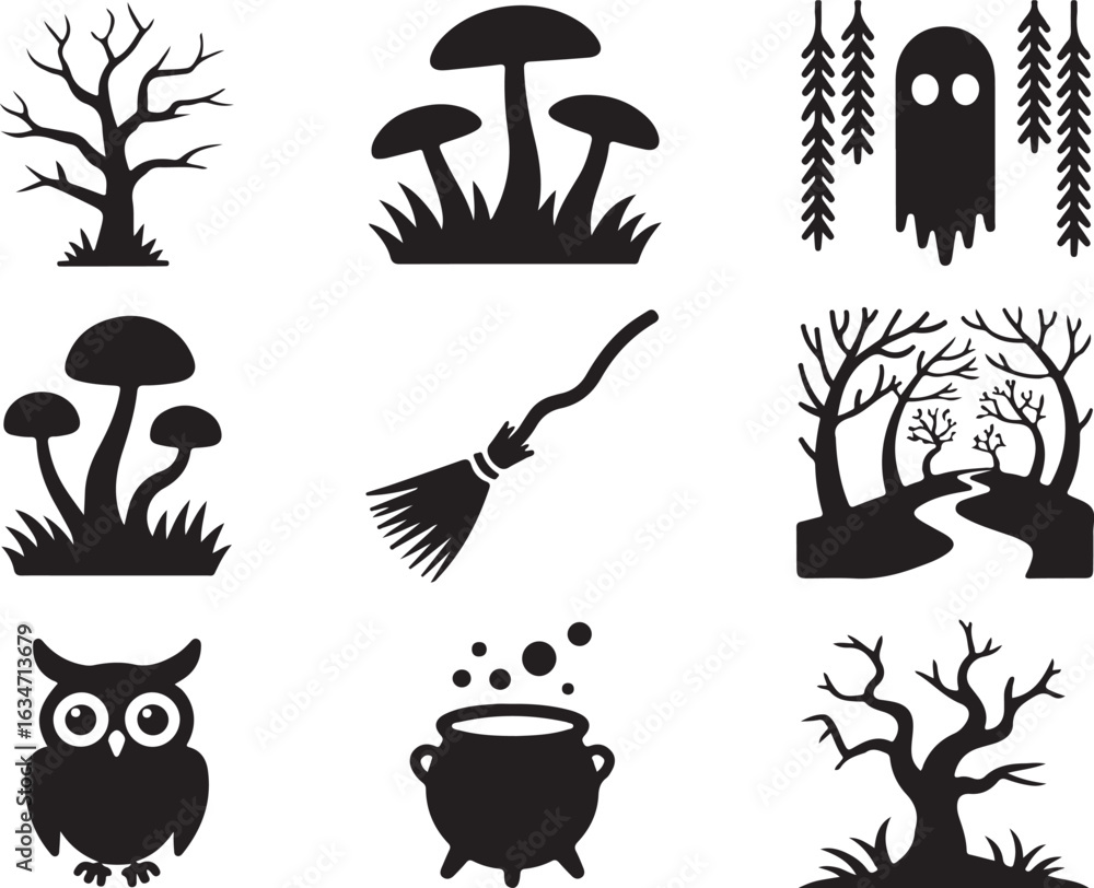 Collection of Halloween Icons Featuring Ghosts, Trees, and Witchcraft Vector Collection of Halloween Icons Featuring Ghosts, Trees, and Witchcraft Vector