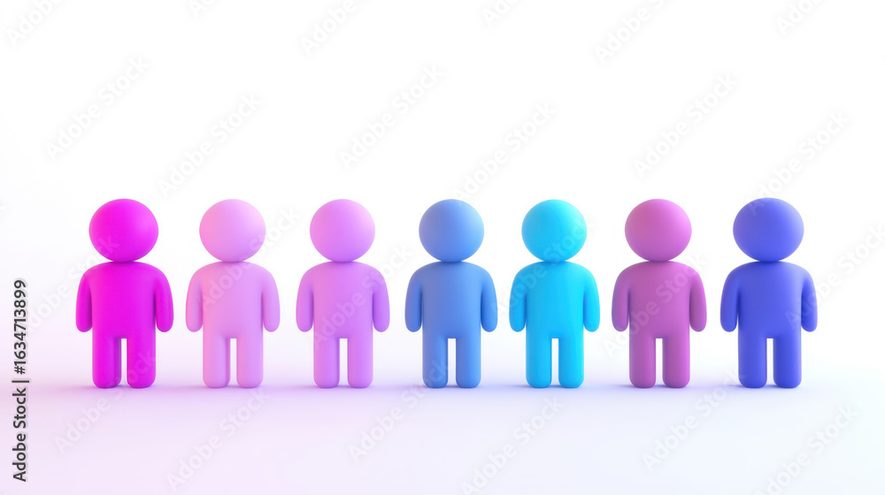 Group of different people. Concept 3D illustration
Multicolor Plasticine human figures arranged in a row. Group of different people. Concept 3D illustration
Multicolor Plasticine human figures arranged in a row.