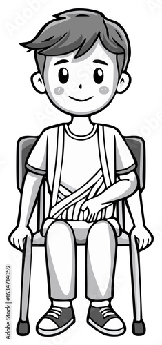 Injured person with arm sling and crutches sitting on chair in cartoon style