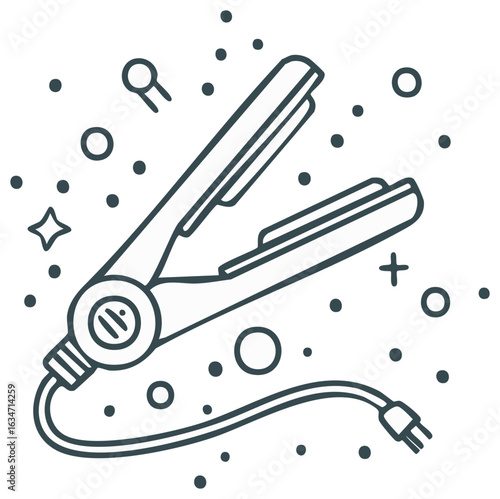 Outline illustration of a hair straightener surrounded by decorative elements for a modern design
