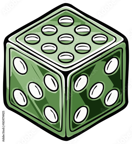 Green dice with white dots showing the numbers of the game