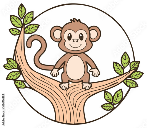 Cartoon Monkey Sitting on Tree Branch with Green Leaves in Circular Frame Illustration