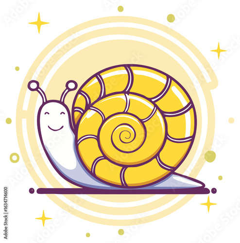 Cheerful cartoon snail illustration in a yellow spiral shell, smiling, with stars