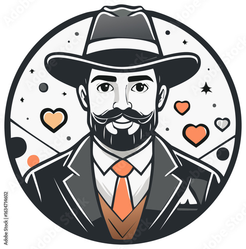 Stylized illustration of a bearded man in a hat and suit inside a circle with hearts and stars