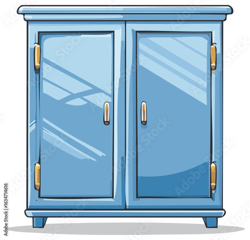 Illustration of a closed two door, blue storage cabinet with decorative handles and base, showing depth and cartoon style design