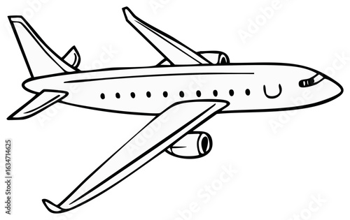 Airplane illustration in black and white line art for coloring book or educational materials