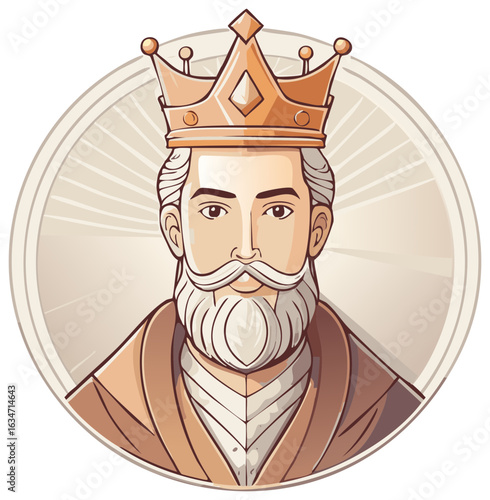 King portrait with golden crown and beard, regal gentleman illustration