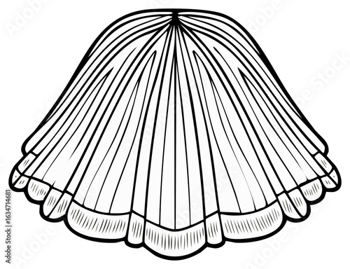 Black and white line art illustration of a bivalve seashell or classic ocean scallop shell drawing isolated