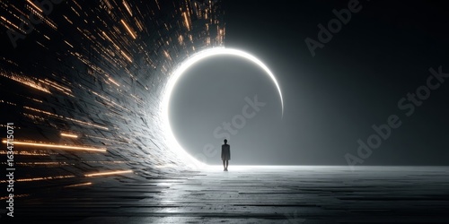 Person standing before glowing futuristic portal with abstract light trails in dark sci-fi environment
