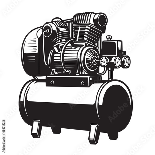 Professional black and white illustration of a powerful air compressor for industrial use