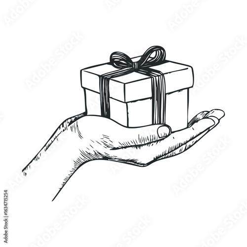 Sketch of human hand holding a gift box with bow on white background