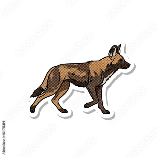 African Wild Dog Illustration: A striking illustration of an African wild dog, capturing its distinctive mottled coat and alert posture, ideal for educational or design projects.
