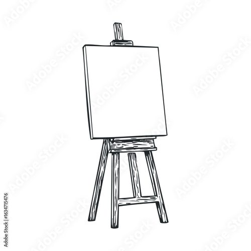 Blank canvas on wooden easel in black and white sketch style