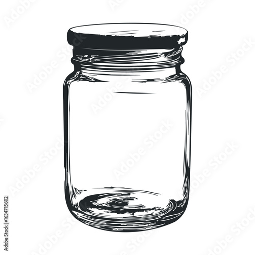 Detailed black and white illustration of an empty mason jar
