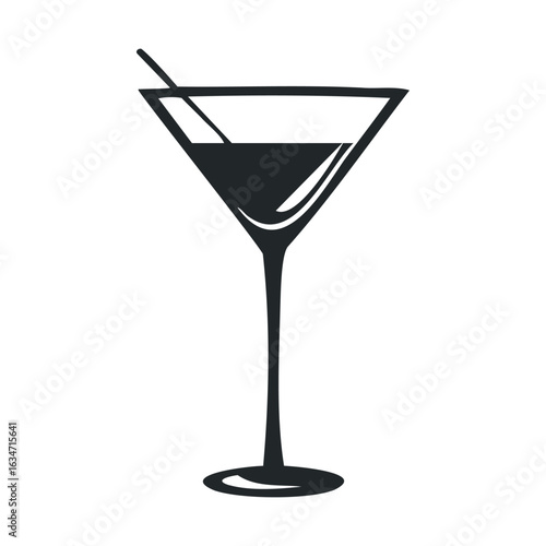 Elegant black cocktail icon with martini glass and straw