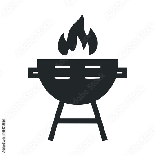 Simple black icon of a flaming charcoal grill on a stand