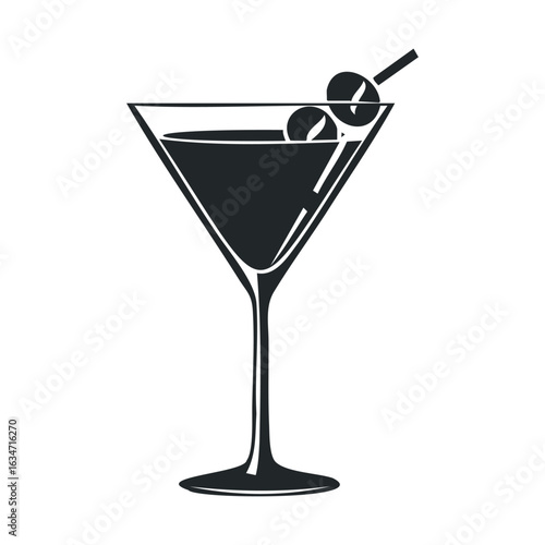 Classic martini cocktail with olives in a triangle glass silhouette