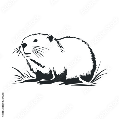 Black and white guinea pig illustration with grass elements