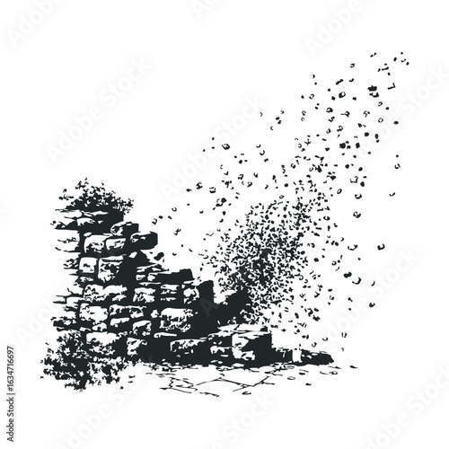 Abstract fragmenting stone wall and falling blocks illustration