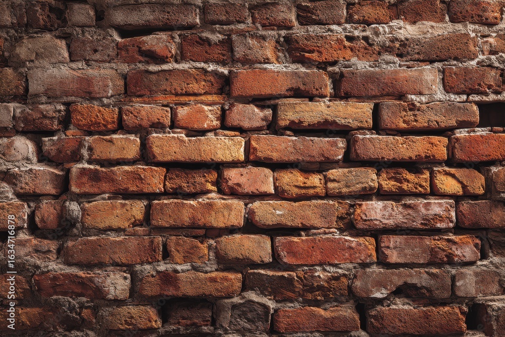 Obraz premium Old red brick wall texture background. Grungy, rustic masonry backdrop with weathered bricks and crumbling mortar for design.