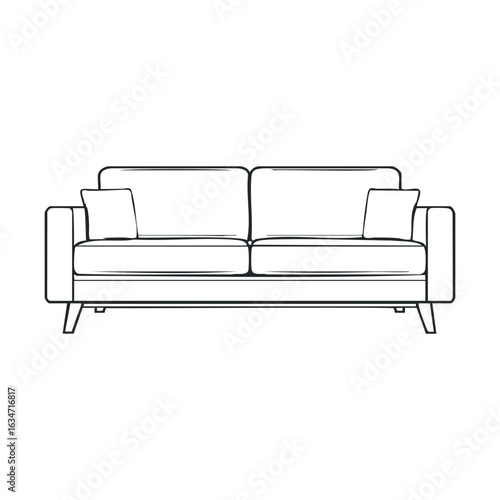 Minimalistic line drawing of a modern sofa with cushions on a white background