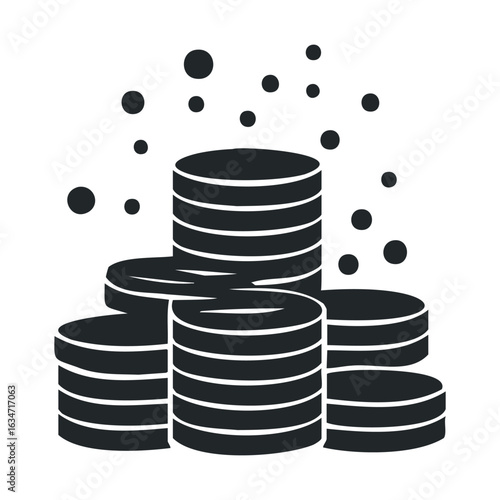 Stack of coins with floating dots symbolizing wealth and success