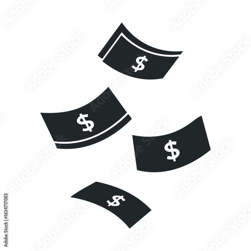 Falling dollar bills icon: simple black and white currency design
