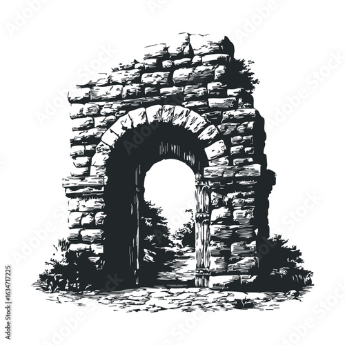 Ancient stone archway with rustic brickwork on white background