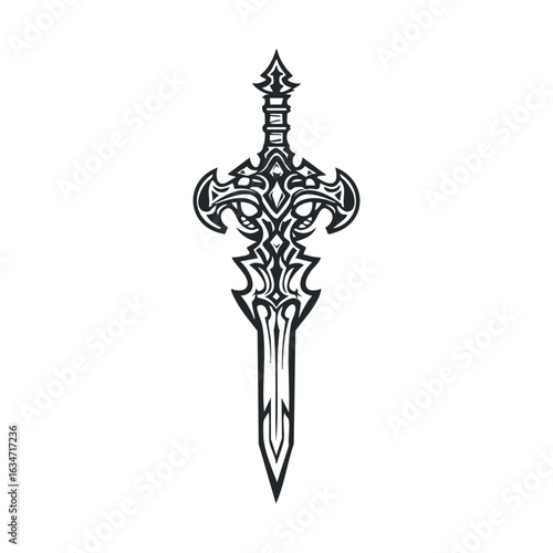 Ornate medieval sword design with intricate details on white background