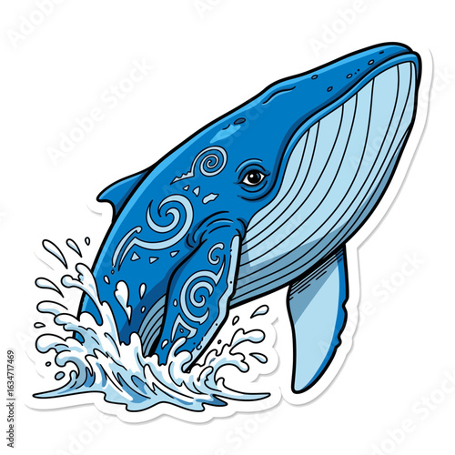 Majestic Whale breaching the Water: A vibrant illustration captures a magnificent whale leaping out of the water. This stylized graphic showcases the whale's power and beauty.
