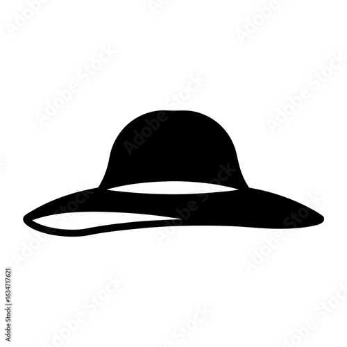 Wide brim hat silhouette for fashion or summer icons, Black silhouette of a wide brim hat, often associated with summer fashion, sun protection, travel, or beach-themed graphics.
