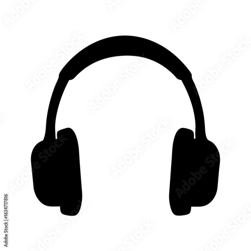 Minimalist black silhouette of headphones on a white background suggesting audio equipment