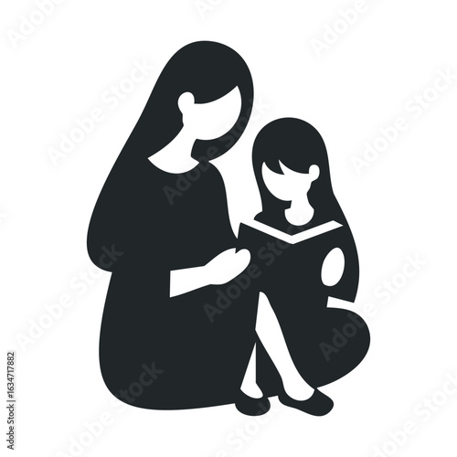 Silhouette of female adult reading with female child: family bond and learning