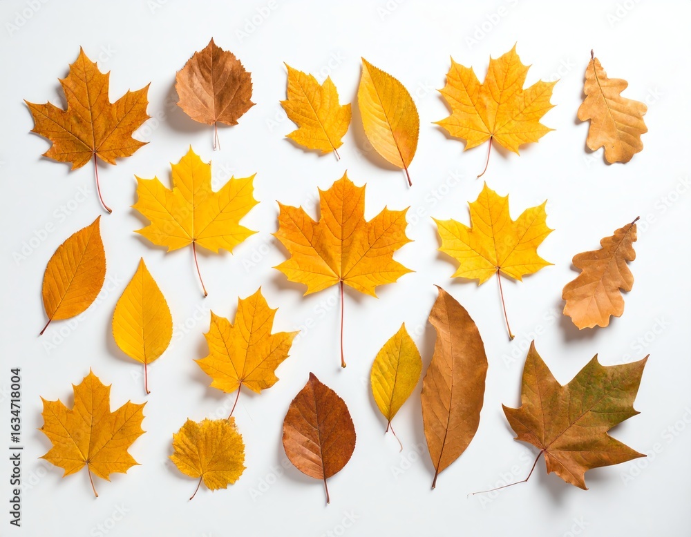 Fototapeta premium Golden autumn leaves on a white background.