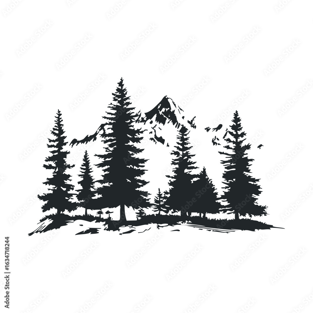 Fototapeta premium Black and white mountain landscape with pine trees silhouette