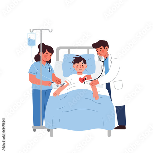 Doctor visiting young man in hospital room, flat vector illustration. Man lying in bed during hospitalization or intensive care. Isolated, flat design, white background.